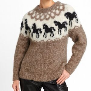 Hand Knit Style Sweater Horse Pattern Wool Fabric Crewneck Brown Cream Black M